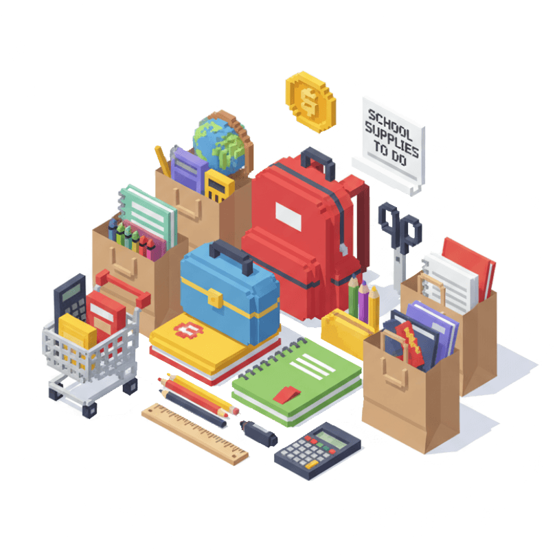 Task transformed into isometric pixel art of school supplies